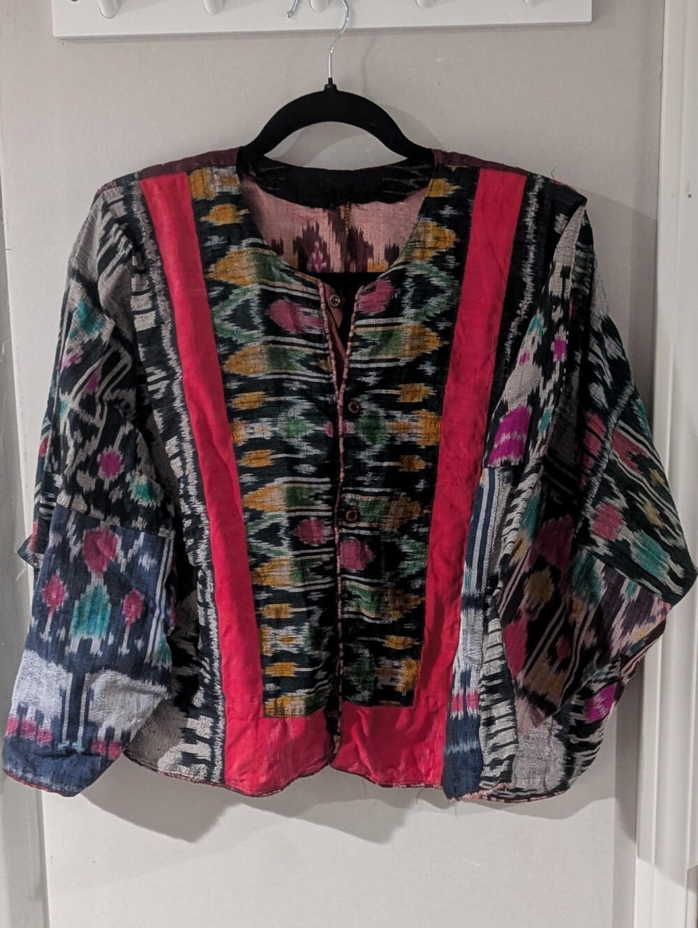 Vintage Boho Ikat Patterned Open Jacket - Multicolor
